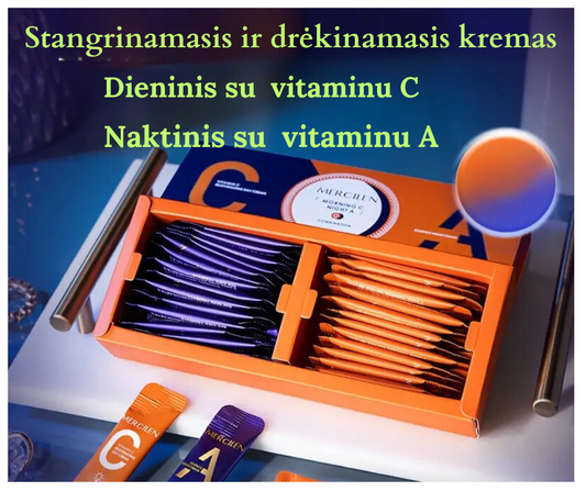 Atjauninantis veido kremas komplektas (vitaminas C dienos veido kremas + vitaminas A naktinis veido kremas), drėkinantis ir stangrinantis odą su augaliniu skvalanu